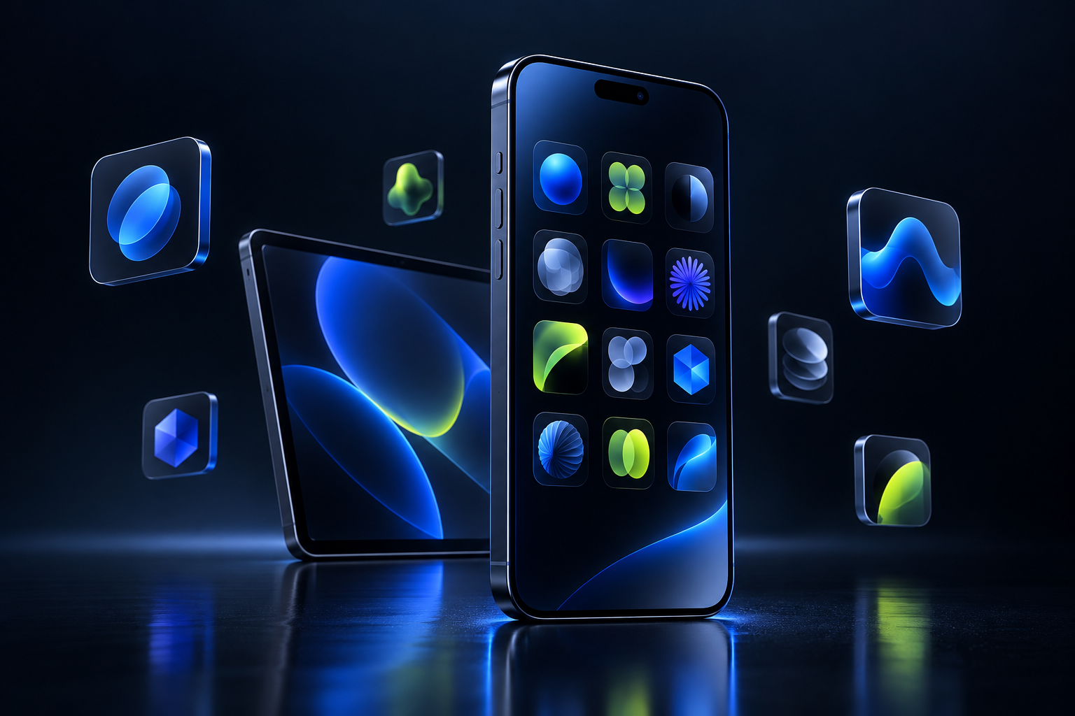 Artwork tiga dimensi smartphone dan tablet dengan modul aplikasi masa depan