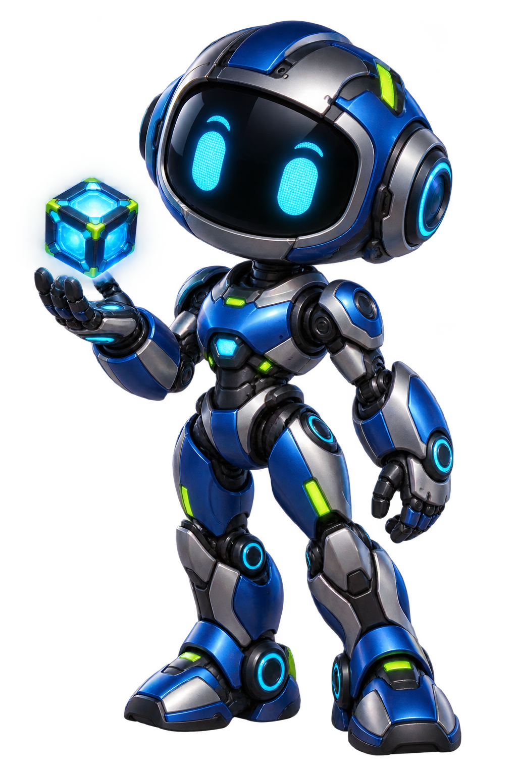 NOVA, maskot robot original Bus Games dengan visor biru dan kubus aplikasi bercahaya